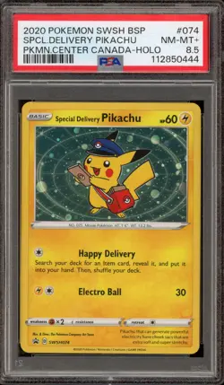Pokemon Special Delivery Pikachu P.M. Center Canada Holo Promo SWSH074 PSA 8.5 - Image 1