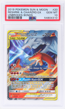 2019 Pokemon Sun and Moon Unbroken Bonds Charizard Gx/Reshiram #20 PSA 10 - Image 1