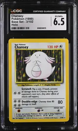 CGC 6.5 Chansey 1999 Base Set 3/102 Holo Pokemon Card - Image 1