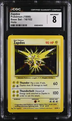 CGC 8 Zapdos 1999 Base Set 16/102 Holo Pokemon Card - Image 1