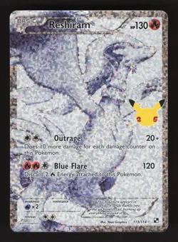 Reshiram 113/114 Pokemon Celebrations Black & White Holo Full Art Card - Image 1
