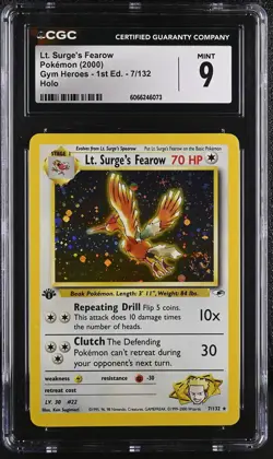 CGC 9 Lt. Surge's Fearow Gym Heroes 1st Edition 7/132 Holo SWIRL Pokemon Card - Image 1