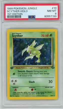 1999 Pokemon Jungle Scyther 10/64 1st Edition Holo PSA 8 - Image 1