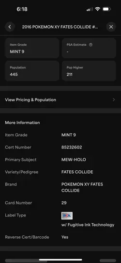 Pokemon TCG XY Fates Collide Mew 29/124 Holo Rare Card Graded PSA 9 - Image 2
