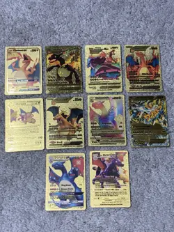 Pokemon Set of 10 Charizard Evo GX,EX, V & VMax Gold Foil Fan Art Cards - Image 1