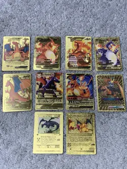 Pokemon Set of 10 Charizard Evo GX,EX, V & VMax Gold Foil Fan Art Cards - Image 1
