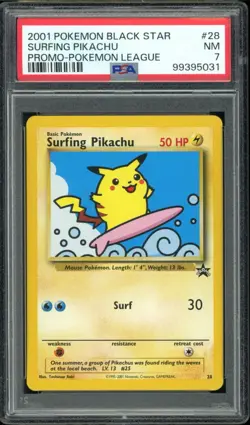 PSA 7 NM Surfing Pikachu #28 Black Star Promo 2001 Pokemon League - Image 1