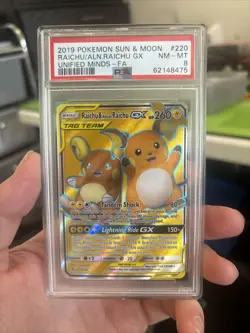 2019 Pokemon Sun & Moon Raichu And Alolan Raichu GX #220/236 Unified Minds PSA 8 - Image 1