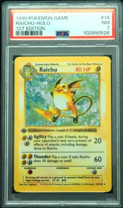 1st Edition Shadowless Raichu 14/102 Base Set Pokemon Card PSA 7 Super Clean - Image 1