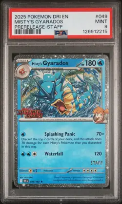 2025 POKEMON DRI EN-DESTINED RIVALS PRERELEASE-STAFF #049 MISTY'S GYARADOS PSA 9 - Image 1