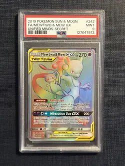 Pokemon Mewtwo & Mew GX Unified Minds Secret Rare Card 242/236 Tag Team PSA 9 - Image 1