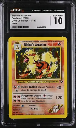 CGC 10 GEM MINT Blaine's Arcanine 2000 Gym Challenge 1/132 Holo Pokemon Card - Image 1