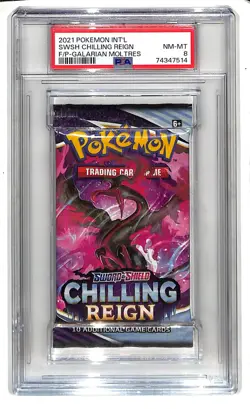 2021 Pokemon Int'l SWSH Chilling Reign F/P Galarian Moltres Sealed Pack PSA 8 NM - Image 1