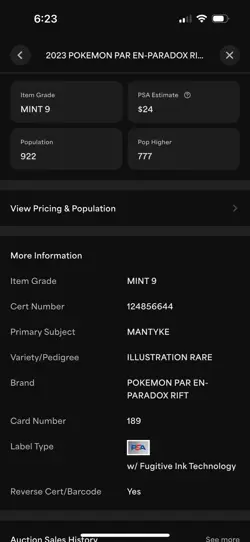 Mantyke Pokemon TCG Card Paradox Rift Holo Illustration 189/182 Graded PSA 9 - Image 2