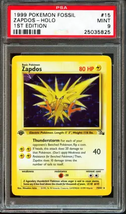 PSA 9 MINT Zapdos 15/62 1st Edition Fossil Holo 1999 Pokemon Card - Image 1