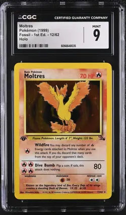 CGC 9 MINT Moltres 1999 Fossil 1st Edition 12/62 Holo Pokemon Card - Image 1