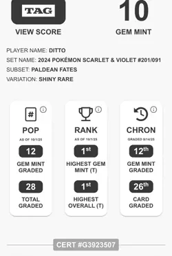 Pokemon Card Ditto 201/091 Tag 10 Gem Mint Shiny Paldean Fates - Image 1