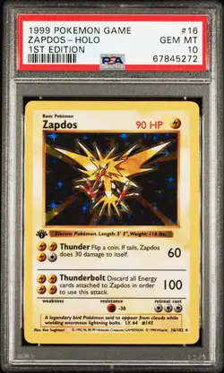 1999 Pokemon Game Zapdos - Holo 1st Edition #16 GEM MT 10 - Image 1
