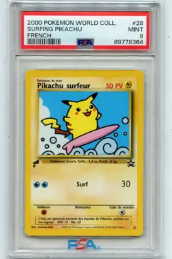 2000 POKEMON WORLD COLLECTION #28 SURFING PIKACHU "FRENCH" - PSA 9 MINT (78364) - Image 1