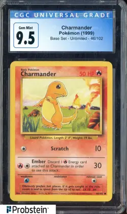 1999 Pokemon Base Set Unlimited #46/102 Charmander CGC 9.5 GEM MINT - Image 1