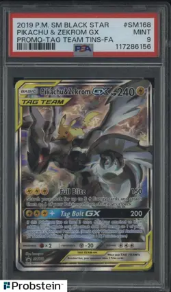 2019 Pokemon SM Black Star Pikachu & Zekrom Gx Promo Tag Tins SM168 PSA 9 - Image 1