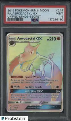 2019 Pokemon S & M Unified Minds Secret #244 Aerodactyl Gx FA PSA 9 MITN - Image 1