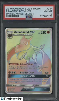 2019 Pokemon S & M Unified Minds Secret #244 Aerodactyl Gx FA PSA 8 - Image 1