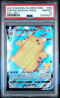 2021 POKEMON CELEBRATIONS #009 FULL ART/SURFING PIKACHU VMAX PSA 10 - Image 1
