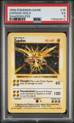 1999 POKEMON GAME SHADOWLESS #16 ZAPDOS-HOLO PSA 5 - Image 1