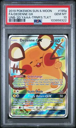2019 POKEMON SUN & MOON UNBROKEN BONDS #195A FULL ART/DEDENNE GX PSA 10 - Image 1