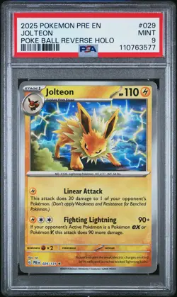 2025 POKEMON PRE EN-PRISMATIC EVOLUTIONS POKE BALL REVERSE HOLO JOLTEON PSA 9 - Image 1