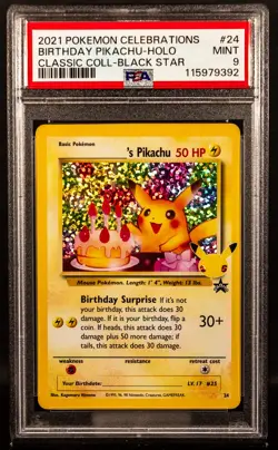 9392 Birthday Pikachu Holo 2021 Pokemon Celebrations Classic Black Star PSA 9 - Image 1