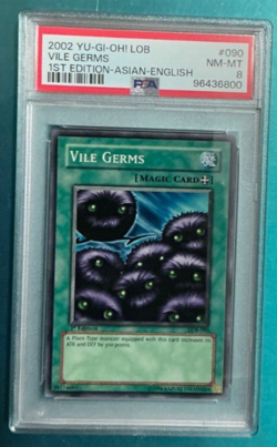 Vile Germs 1st ED 2002 YuGiOh Legend Blue Eye White Dragon LOB-090 AE PSA 8 POP1 - Image 2