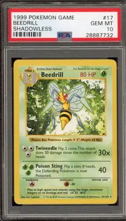 Pokemon Beedrill Base Set Shadowless Rare #17 PSA 10 Gem Mint - Image 1