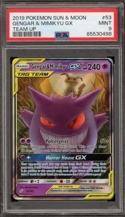 Pokemon Gengar & Mimikyu GX Team Up Holo Ultra Rare #53 PSA 9 Mint - Image 1