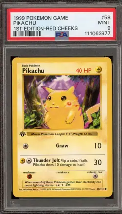 Pokemon Pikachu Base Set Shadowless 1st Edition Red Cheeks #58 PSA 9 Mint - Image 1
