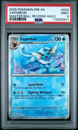 2025 POKEMON PRE EN-PRISMATIC EVOLUTIONS MASTER BALL REVERSE HOLO VAPOREON PSA 9 - Image 1