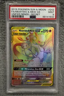 Pokemon Mewtwo & Mew GX Unified Minds Secret Rare Card 242/236 Tag Team PSA 9 - Image 1