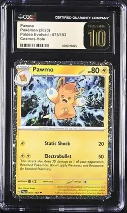 POKEMON CGC PRISTINE 10 PAWMO COSMOS HOLO 075/193 PALDEA EVOLVED - Image 3