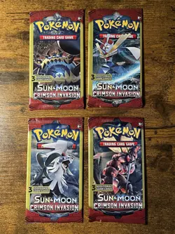 Pokemon Sun & Moon Crimson Invasion 3-Card Booster Packs Complete Art Set 4 Pack - Image 1