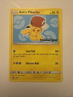Ash’s Pikachu SM113 Ultra Rare Non Holo Exclusive Promo Pokemon Card - Image 1