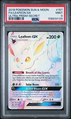 PSA 9 LEAFEON GX 157 ULTRA PRISM SECRET RAINBOW RARE SUN & MOON POKEMON - Image 1