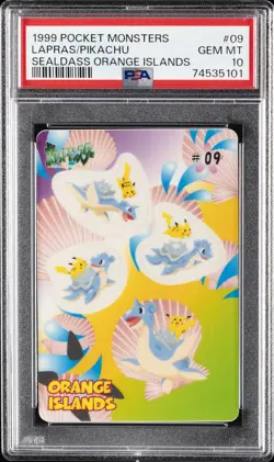 1999 POCKET MONSTERS SEALDASS ORANGE ISLANDS #09 LAPRAS/PIKACHU PSA 10 - Image 1