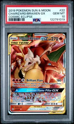 2019 POKEMON SUN & MOON COSMIC ECLIPSE #22 CHARIZARD & BRAIXEN GX PSA 10 - Image 1