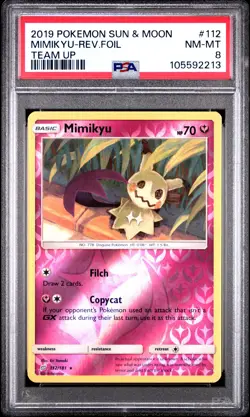 2019 POKEMON SUN & MOON TEAM UP #112 MIMIKYU-REVERSE FOIL PSA 8 - Image 1