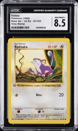 1999 POKEMON (1999) BASE SET - 1ST ED., GRAY STAMP #61/102 RATTATA CGC 8.5 - Image 1
