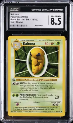 1999 POKEMON (1999) BASE SET - 1ST ED., GRAY STAMP #33/102 KAKUNA CGC 8.5 - Image 1