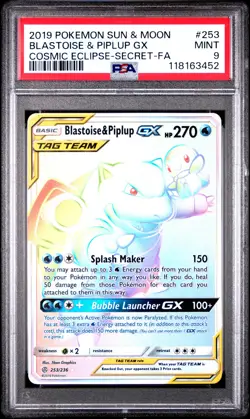 2019 POKEMON SUN & MOON COSMIC ECLIPSE #253 FULL ART/BLASTOISE & PIPLUP GX PSA 9 - Image 1