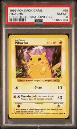 Pikachu 1999 Pokemon Game #58 Red Cheeks-Shadowless PSA 8 - Image 1