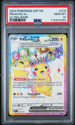 2024 POKEMON SSP EN-SURGING SPARKS ULTRA RARE #219 PIKACHU EX PSA 10 - Image 1